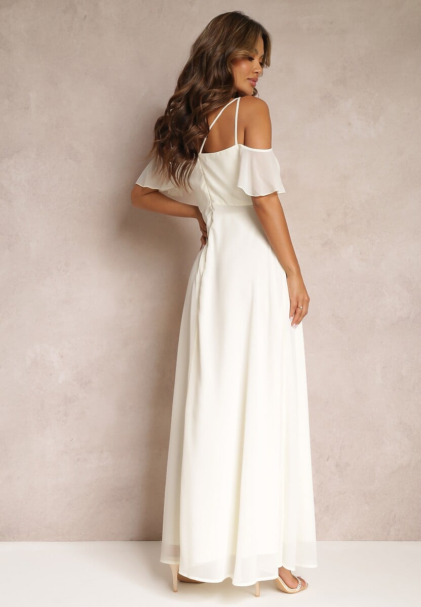 Beżowa Rozkloszowana Sukienka Maxi o Kopertowym Fasonie na Cienkich Ramiączkach Burwena