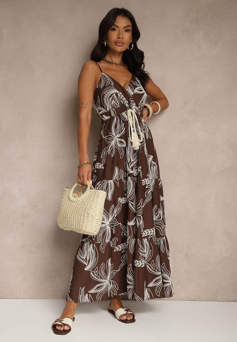 Brązowa Sukienka z Wiskozą ze Sznurkiem i Haftowanym Wzorem Liralette