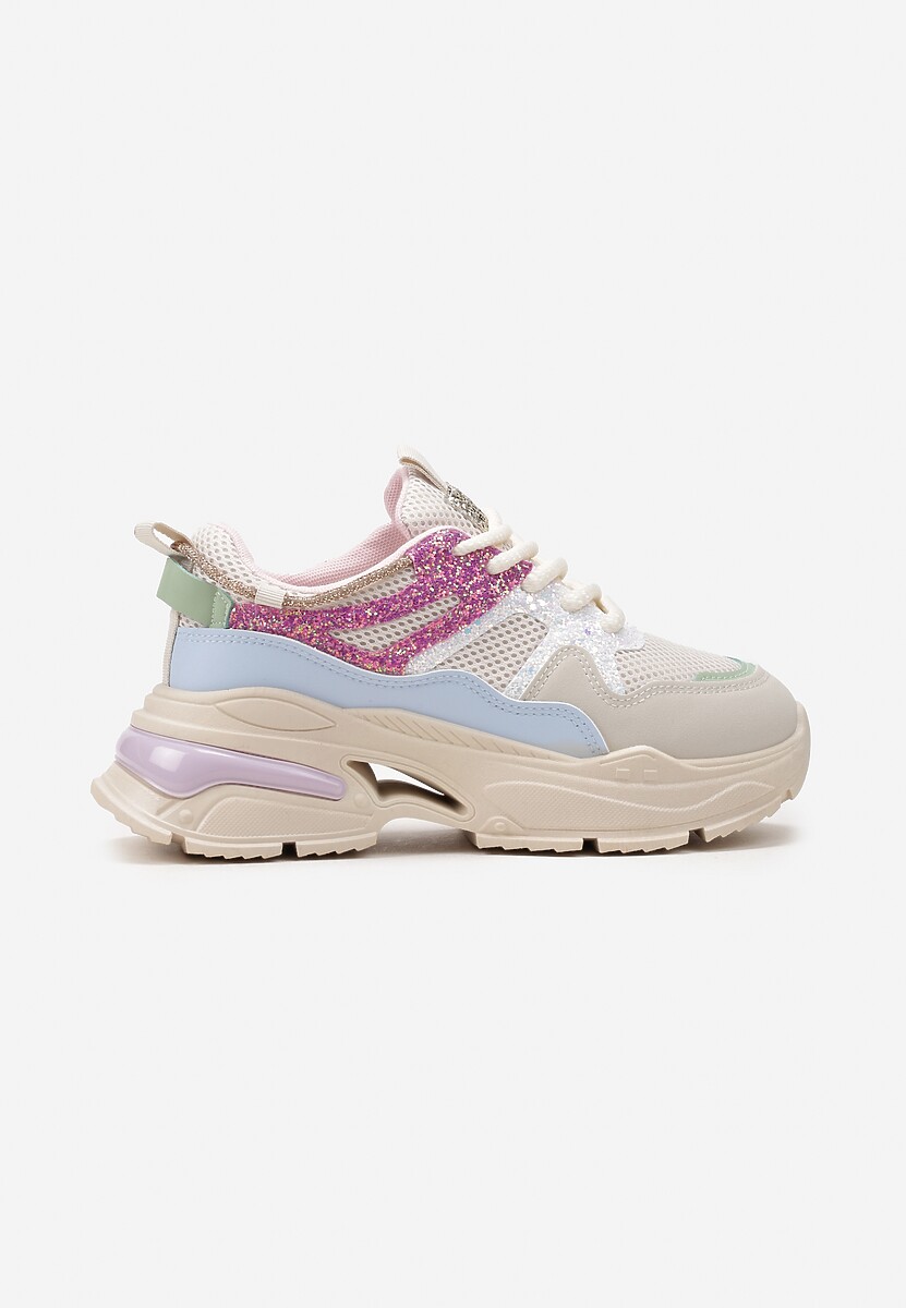 Beżowo-Różowe Sneakersy na Grubej Podeszwie z Siateczką i Błyszczącymi Detalami Xernnia