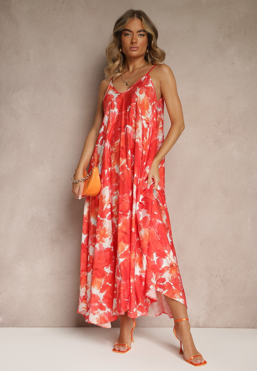 Czerwona Wiskozowa Sukienka Ozdobiona Abstrakcyjnym Motywem Nillosea