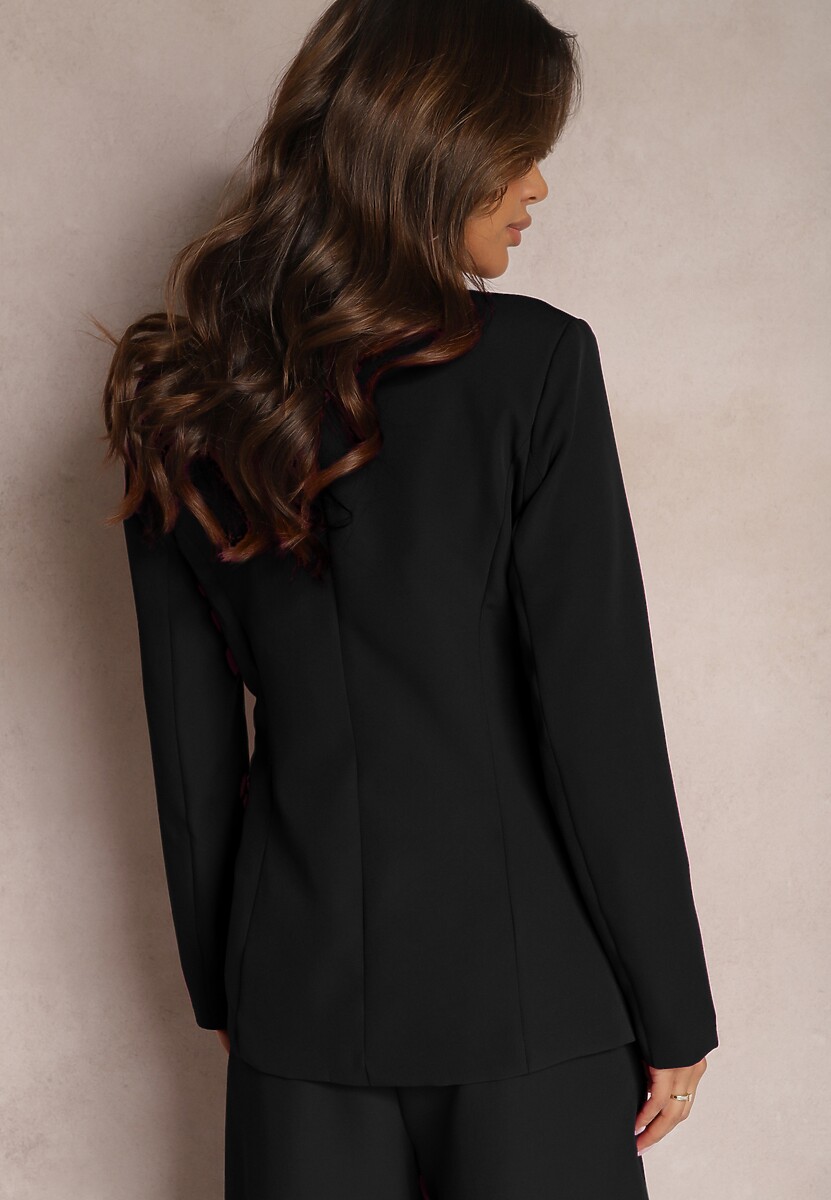 Czarna Taliowana Marynarka Dwurzędowa na Biżuteryjne Guziki Flerie