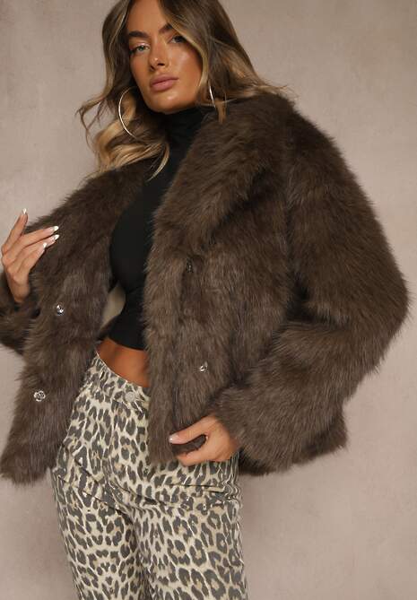 Brązowa Kurtka Futro z Długim Włosiem Zelita
