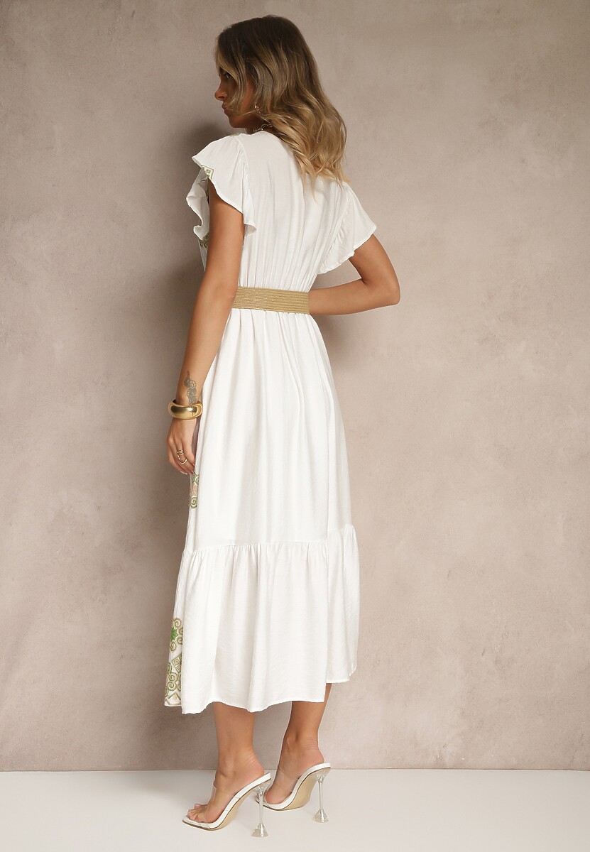 Biało-Zielona Sukienka z Wiskozy Ozdobiona Paskiem i Haftem Nilorelle