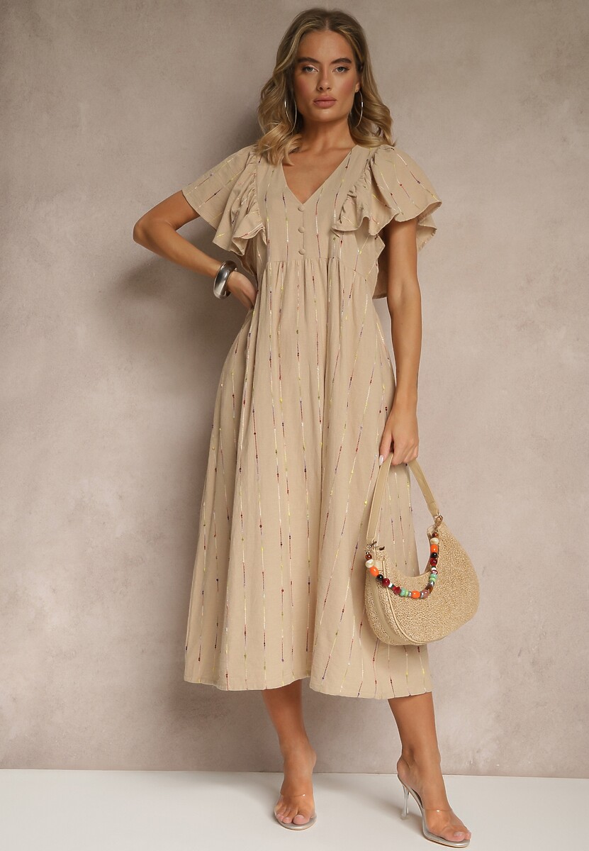 Beżowa Rozkloszowana Sukienka z Bawełny Zdobiona Falbanami Silonia