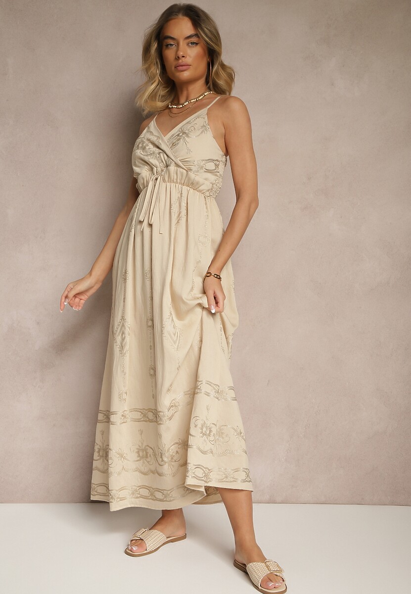 Beżowa Wiskozowa Sukienka o Rozkloszowanym Kroju na Ramiączkach z Haftem Uloranelia