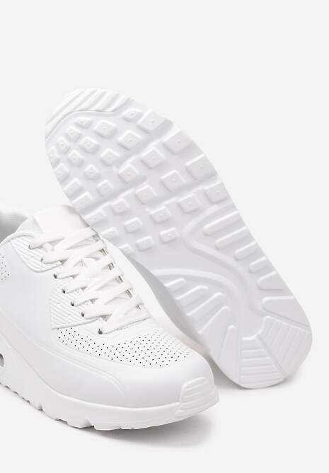Białe Casualowe Sneakersy na Płaskiej Podeszwie Ozdobione Perforacją i Transparentną Wstawką Dunelia