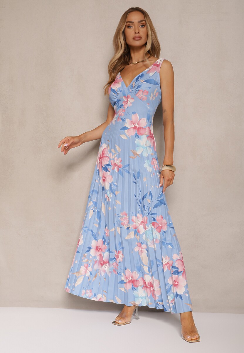 Beżowa Plisowana Sukienka o Rozkloszowanym Fasonie na Szerokich Ramiączkach Nitanela