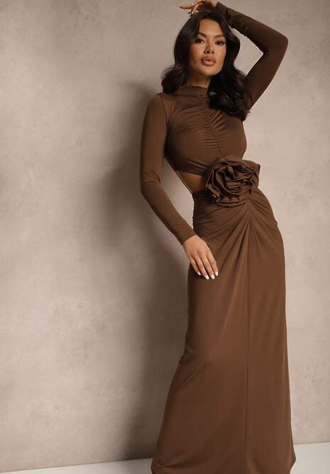 Brązowa Koktajlowa Sukienka z Wiskozą Ozdobiona Kwiatem 3D i Wycięciami Hannith