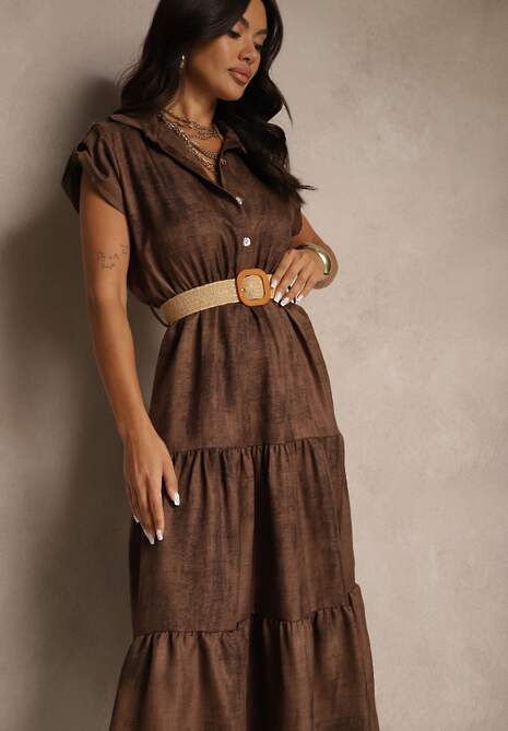Brązowa Sukienka z Guzikami i Paskiem z Plecionki Fillona