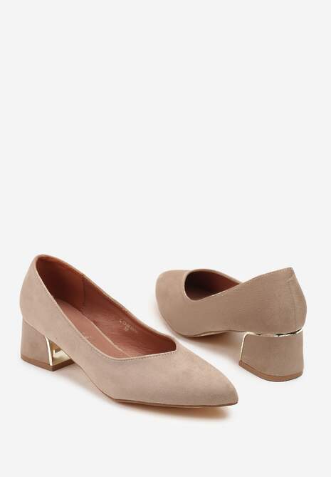 Ciemnobeżowe Czółenka Vices na Słupku z Wkładką ze Skóry Naturalnej z Metaliczną Ozdobą Mixin