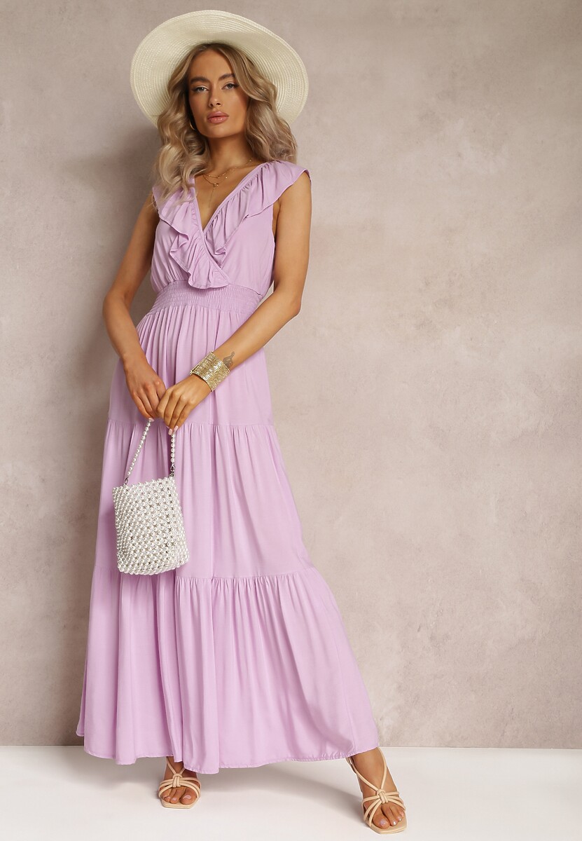 Fioletowa Rozkloszowana Sukienka Maxi z Gumką w Talii i Falbanką Laylani