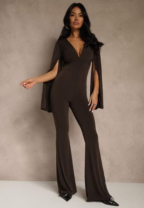 Brązowy Dopasowany Kombinezon z Rozkloszowanymi Rękawami i Głębokim Dekoltem Andrika