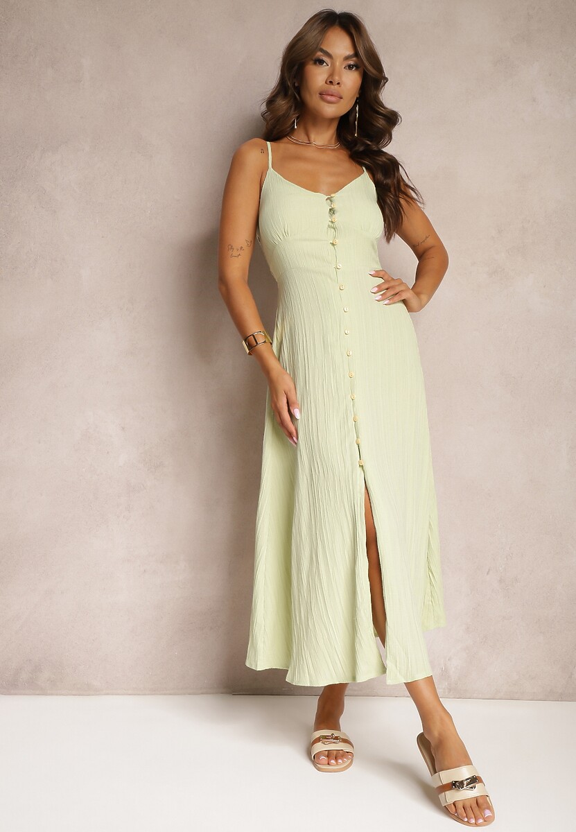 Czarna Taliowana Sukienka na Guziki na Ramiączkach z Regulacją Quafea