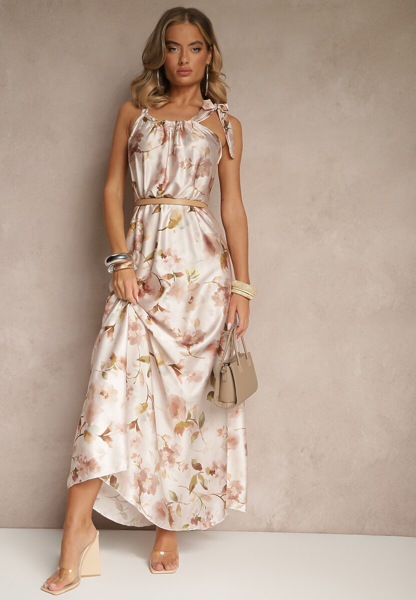 Beżowa Sukienka z Satyny w Kwiatowy Wzór Fenimea