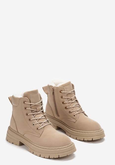 Ciemnobeżowe Traperki Mocno Ocieplone Sztucznym Futerkiem Janeka