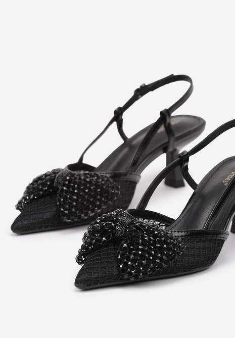 Czarne Czółenka Lakierowane na Obcasie Kaczuszce Ozdobione Cyrkoniami i Kokardą Emariel