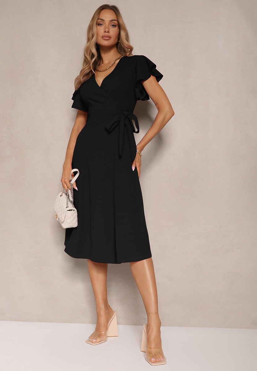 Brązowa Kopertowa Sukienka z Rozkloszowanym Dołem i Ozdobnym Wiązaniem Dannola