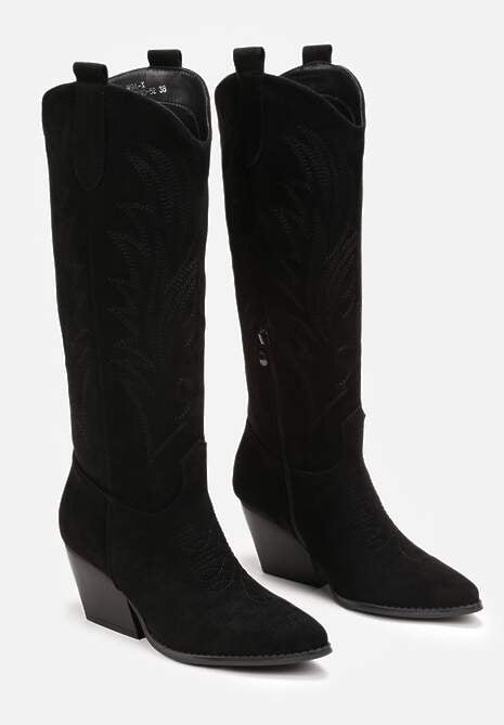 Czarne Kozaki Kowbojki na Skośnym Słupku z Haftami Vaelissa