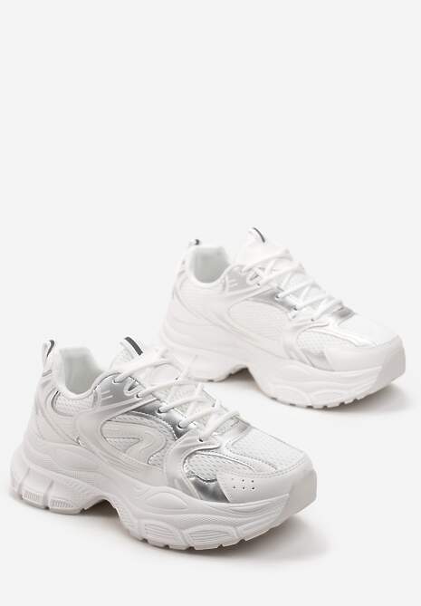 Biało-Srebrne Sneakersy na Masywnej Podeszwie z Siateczką Kubbia