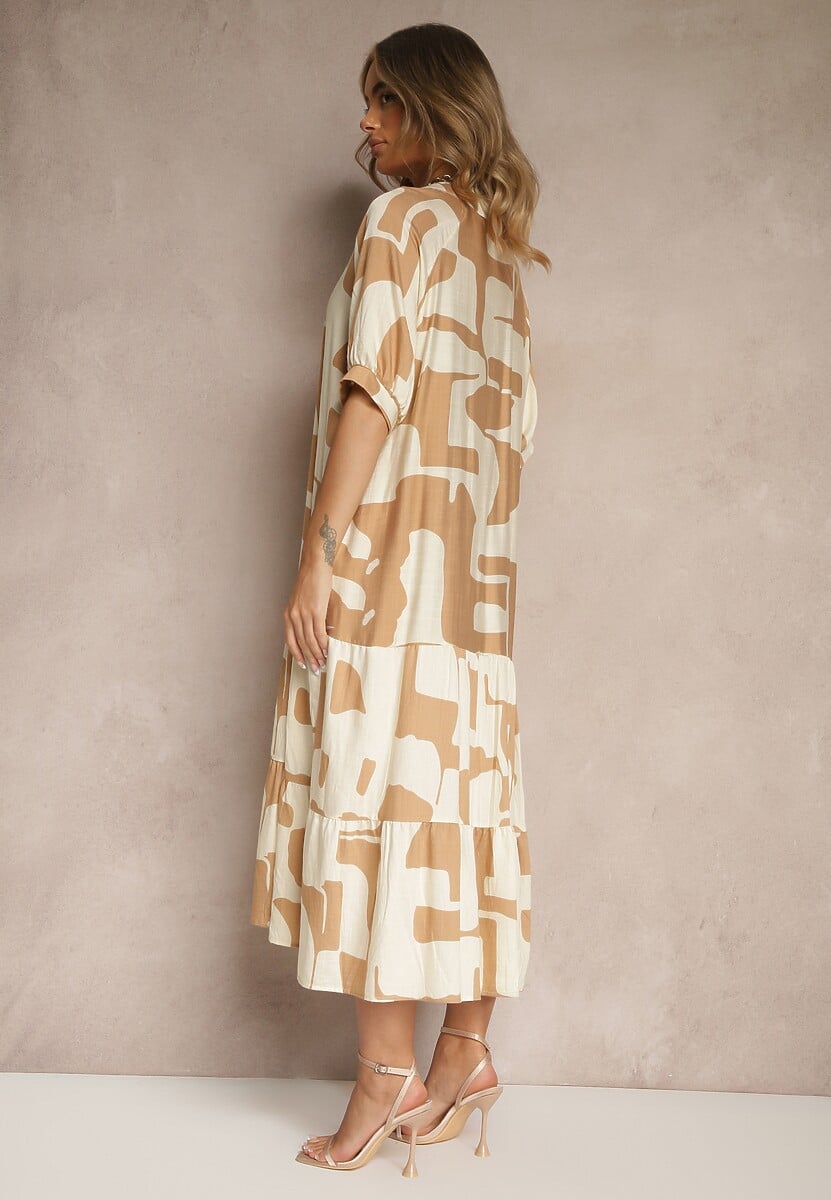 Beżowa Sukienka z Wiskozy Ozdobiona Geometrycznym Motywem Filorea