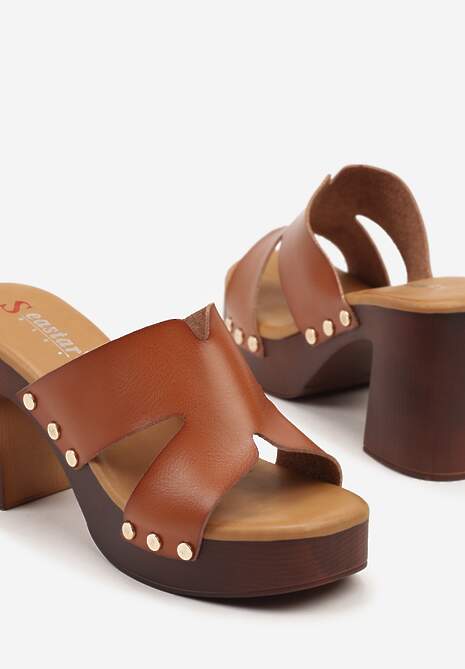 Brązowe Klapki Typu Drewniaki na Słupkowym Obcasie Fevalline