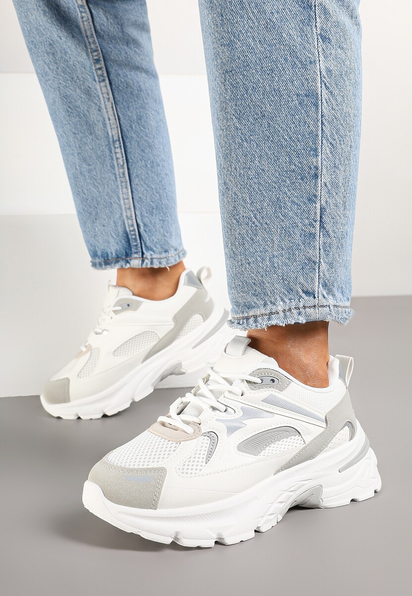 Biało-Szare Sneakersy na Tłoczonej Platformie z Geometrycznymi Wstawkami Asloria