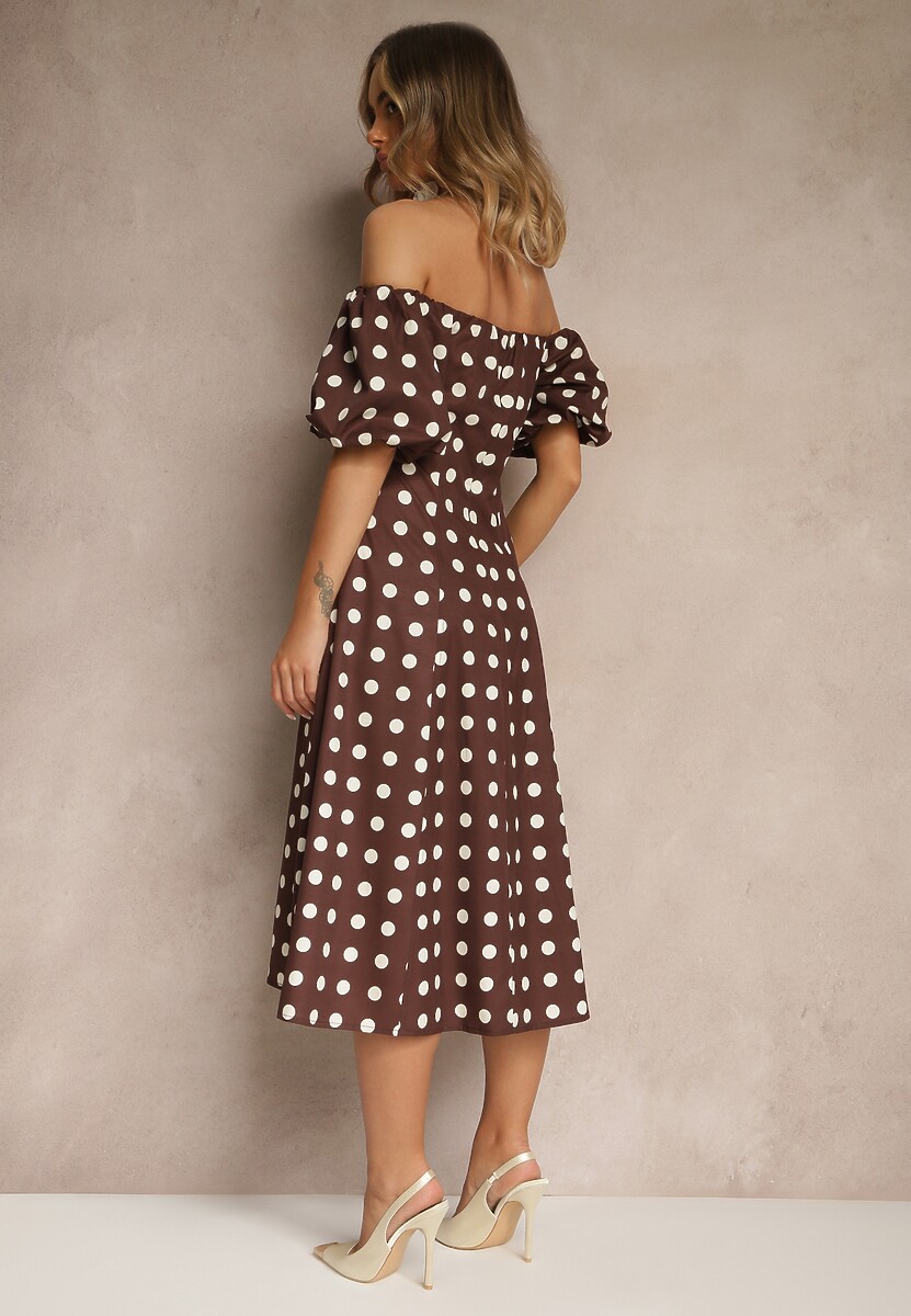 Brązowa Sukienka Hiszpanka Vices w Kropki o Rozkloszowanym Kroju Zilua