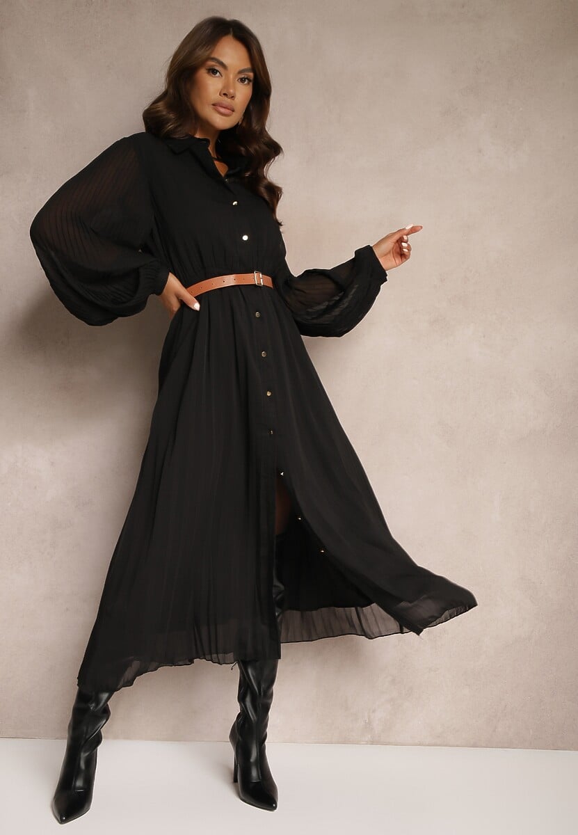 Różowa Koszulowa Sukienka z Plisami i Dodatkowym Paskiem Miarosea