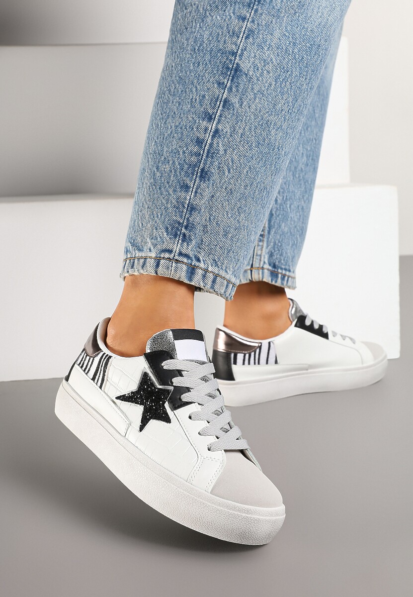 Biało-Szare Sneakersy na Niskiej Platformie z Brokatowymi Zdobieniami Felaven