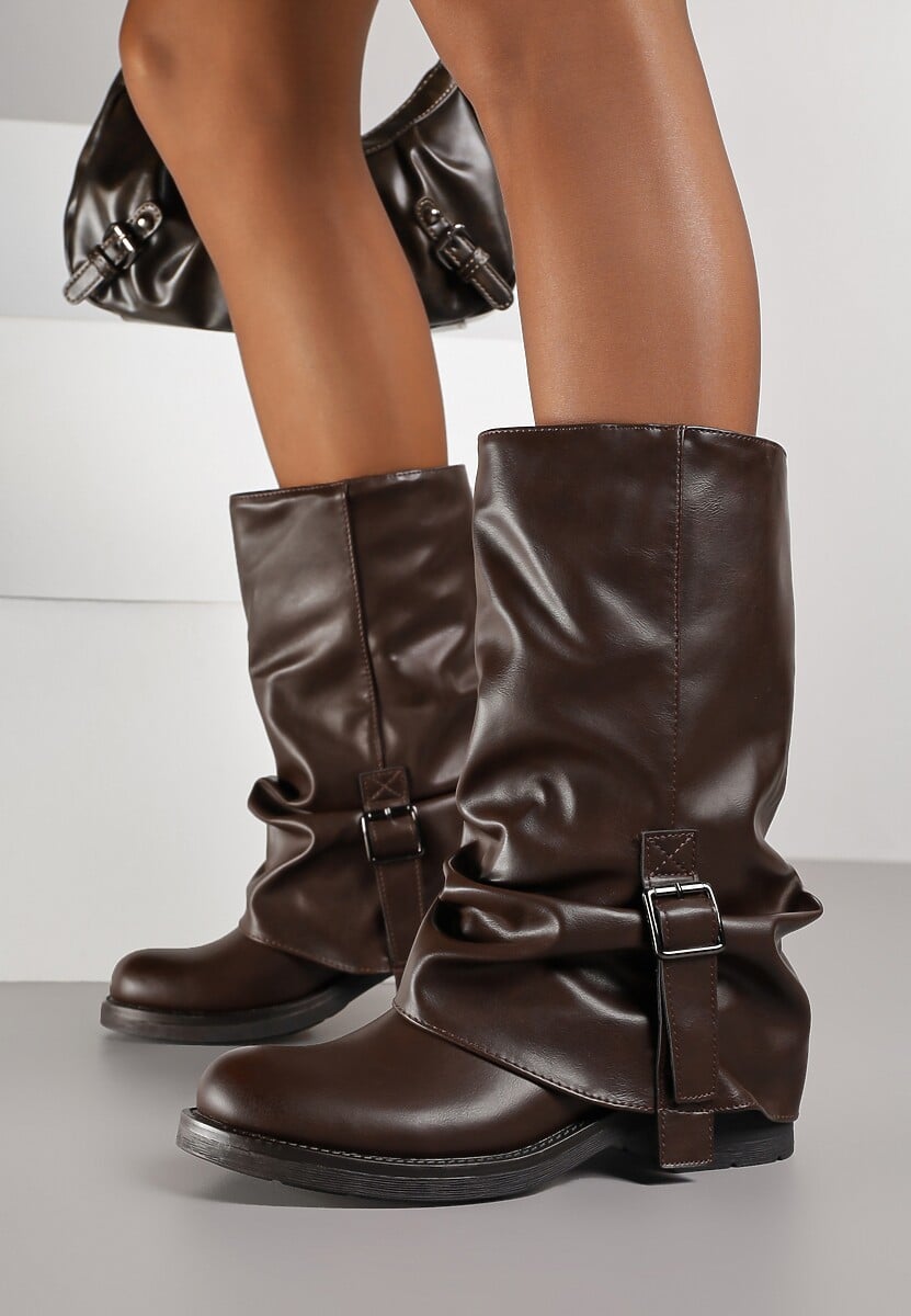 Brązowe Botki Bikery z Wywiniętą Cholewką z Marszczeniem i Klamrą Fenilea