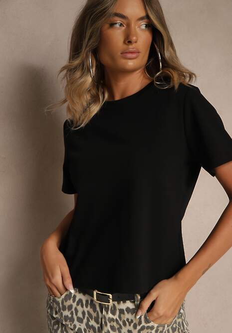 Czarny Klasyczny T-shirt z Grubszej  Bawełny Tiavone