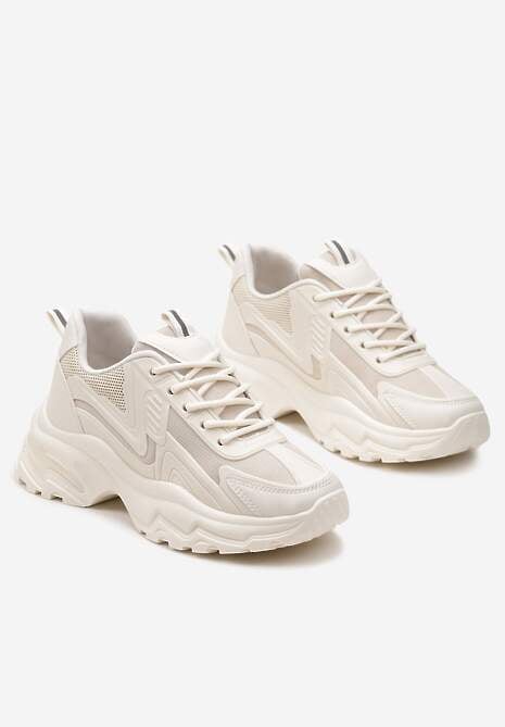 Beżowe Klasyczne Sneakersy Sznurowane na Niskiej Platformie Lenivia