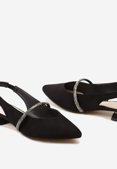 Czarne Czółenka z Noskiem w Szpic Paskiem z Cyrkoniami i Skórzaną Wkładką  Veietta