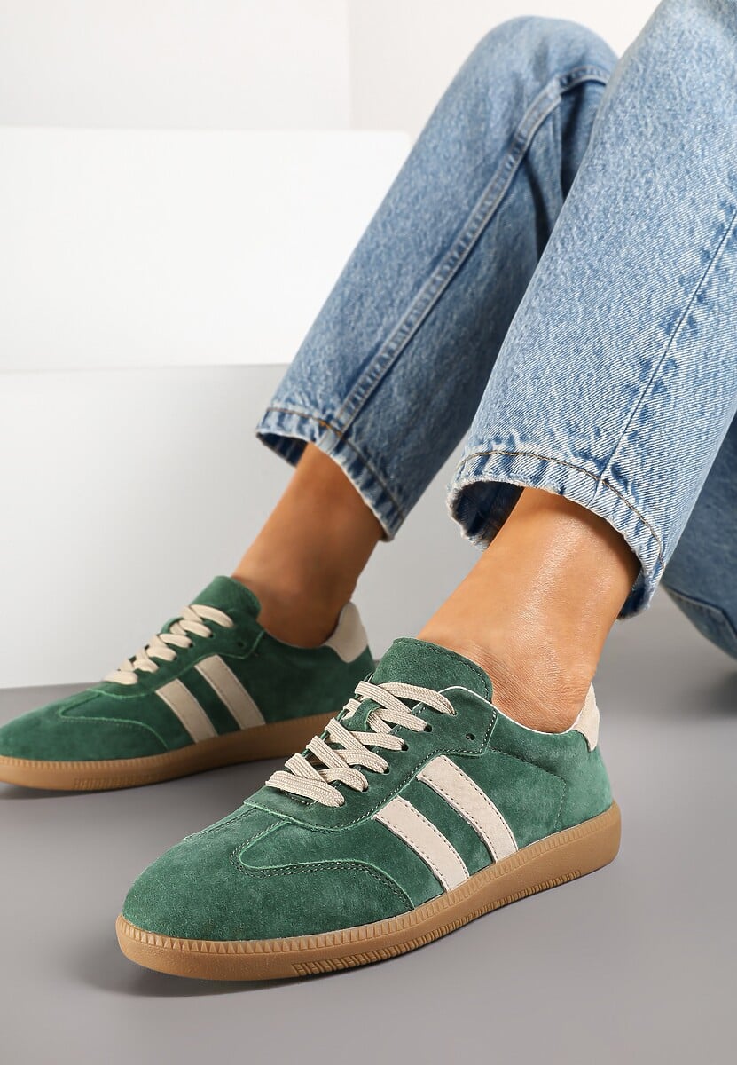 Beżowo-Różowe Płaskie Sneakersy z Wkładką ze Skóry Naturalnej Ozdobione Paskami Neladria