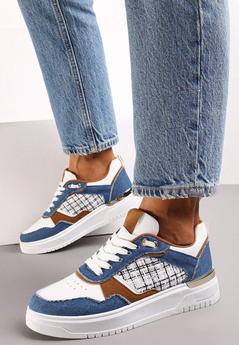 Granatowe Sneakersy Ozdobione Wstawką z Tweedowego Materiału Saini