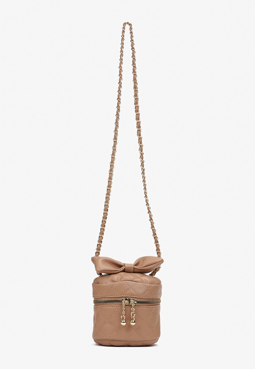 Beżowa Kwadratowa Pikowana Torebka z Ozdobną Kokardą i Suwakami Vianefa