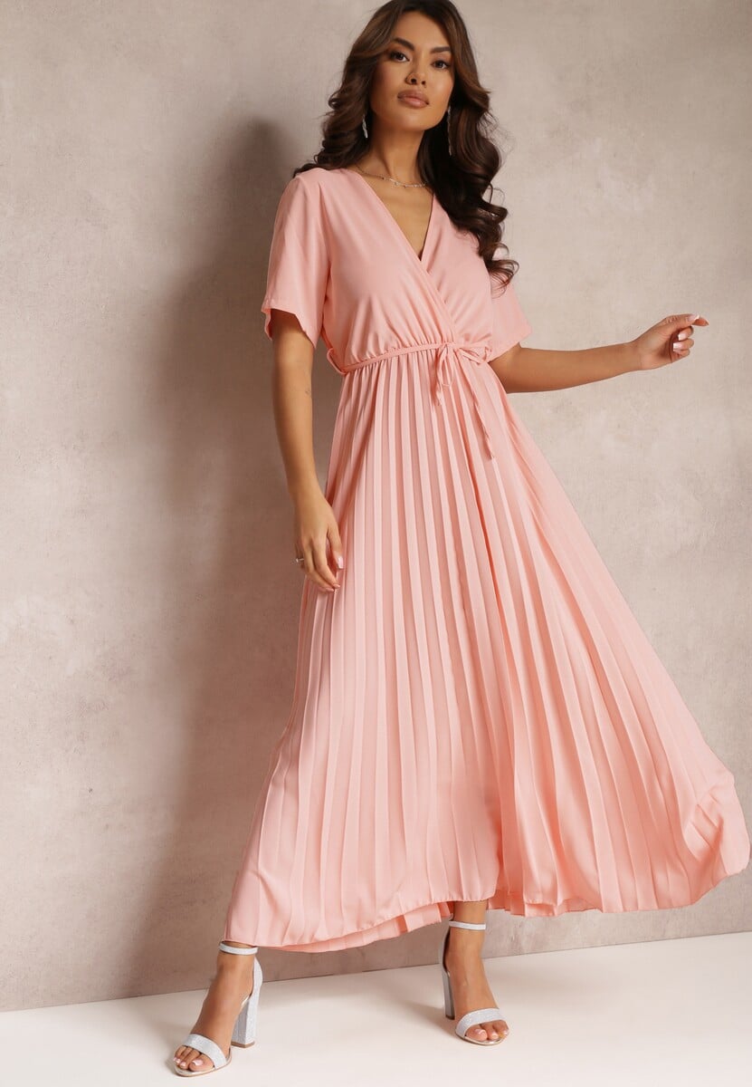 Beżowa Rozkloszowana Sukienka Plisowana z Wiązanym Paskiem Eilemona