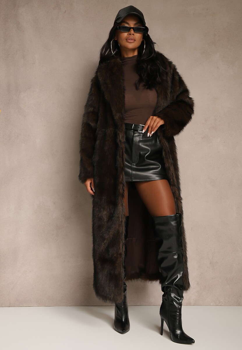 Brązowy Płaszcz Futerko o Długim Kroju Ozdobiony Kołnierzem Cannesa