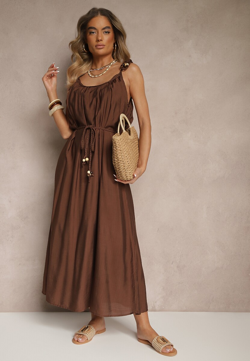 Brązowa Wiskozowa Sukienka Boho na Wiązanych Ramiączkach z Paskiem z Plecionki Miratera