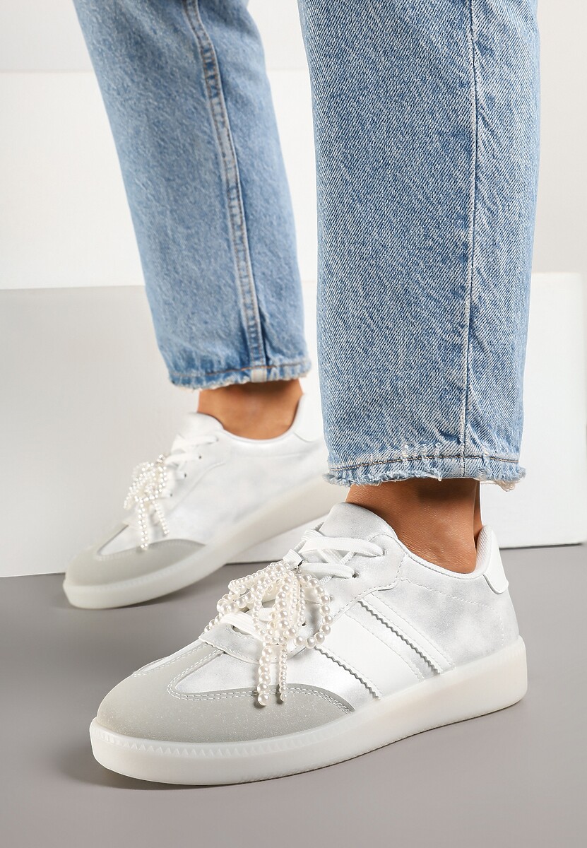 Srebrno-Szare Sneakersy Typu Kultowe Tenisówki ze Zdobieniem z Perłami Nalavia