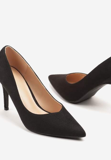 Czarne Czółenka z Imitacji Zamszu na Obcasie ze Szpiczastym Noskiem Zalinne