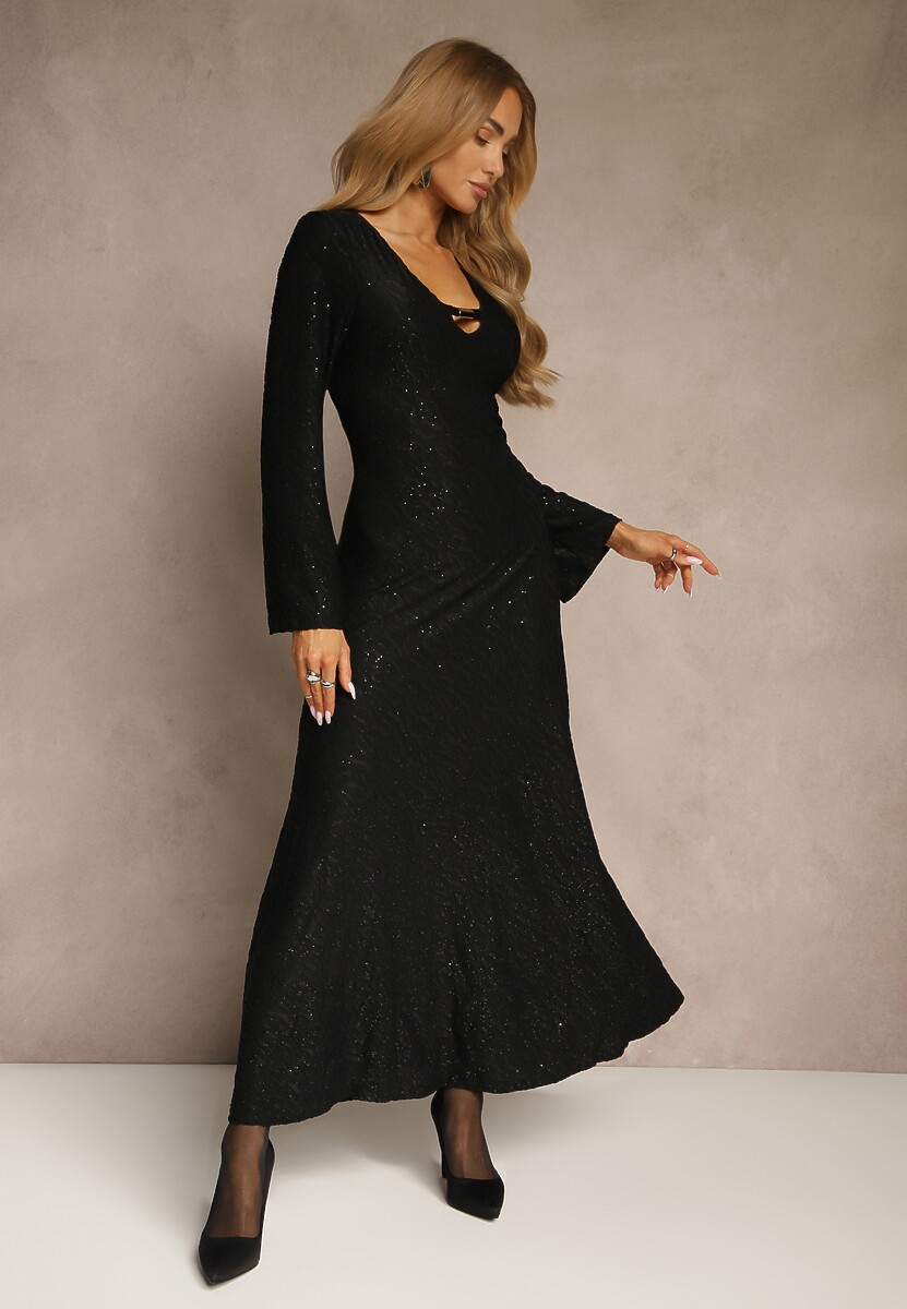 Czarna Rozkloszowana Sukienka Longsleeve w Zebrę Zdobiona Brokatem Mevilisa