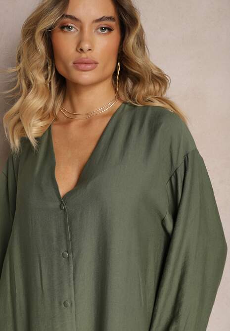 Ciemnozielona Sukienka w Stylu Koszulowym z Bufiastymi Rękawami i Wiskozą Denisea