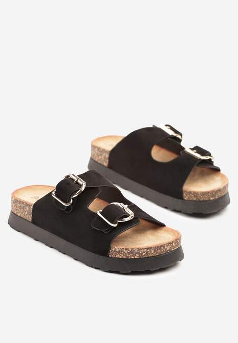 Czarne Klapki na Platformie z Korka Ozdobione Klamrami Artelli