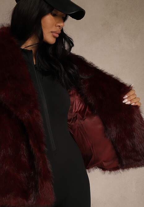 Bordowa Kurtka ze Sztucznego Futra Ozdobiona Kołnierzem Meriian