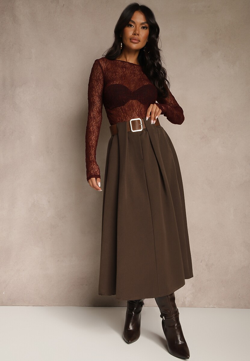 Brązowa Spódnica z Wiskozą o Rozkloszowanym Kroju z Paskiem z Klamrą Tiavela