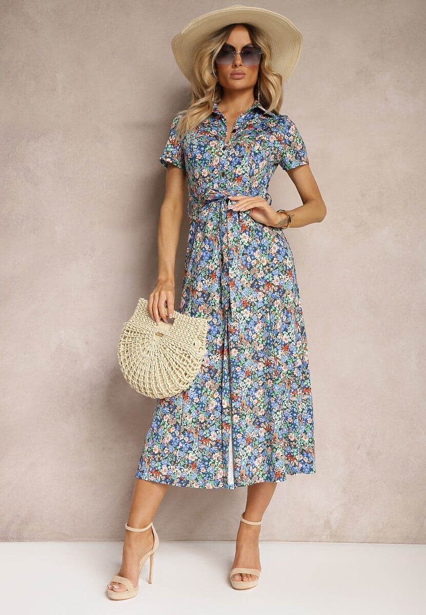 Niebieska Rozkloszowana Sukienka z Wiskozą Zapinana na Guziki Ozdobiona Paskiem Dimica