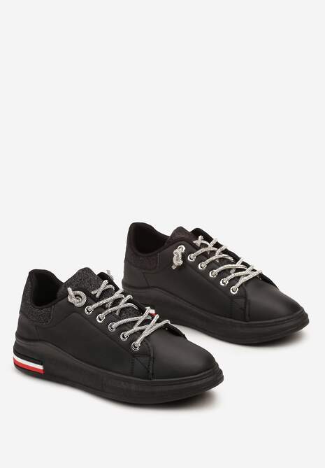 Czarne Sneakersy Ozdobione Brokatem z Cyrkoniami na Sznurowadłach Nilena