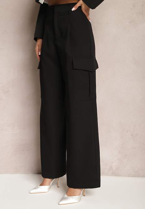 Czarne Szerokie Spodnie High Waist w Eleganckim Stylu z Kieszeniami Cargo Dekanna