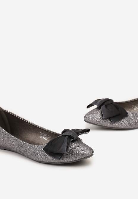 Ciemnoszare Brokatowe Balerinki na Płaskim Obcasie z Ozdobną Kokardką Jenicce